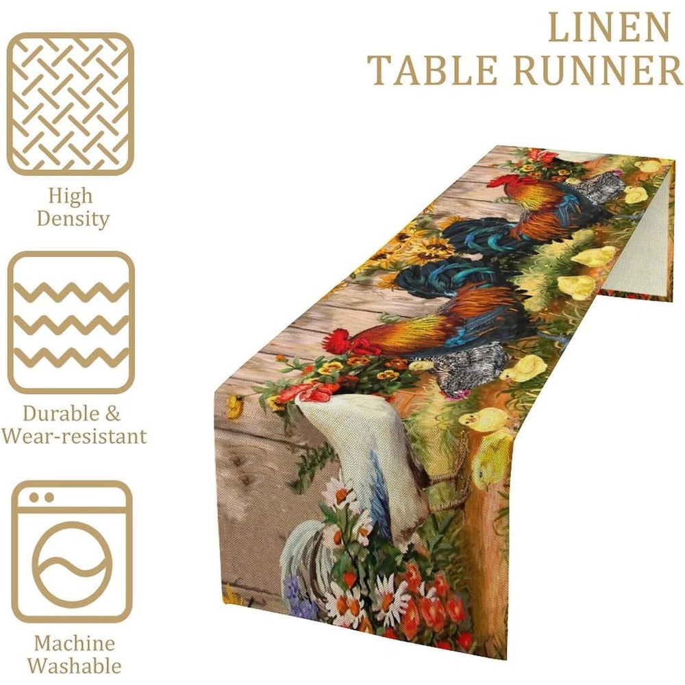 Farm Rooster Linen Table Runner with Sunflower & Chicken Print Holiday Kitchen Decor