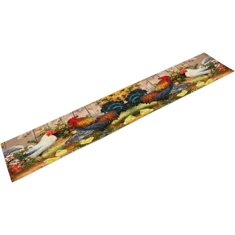 Farm Rooster Linen Table Runner with Sunflower & Chicken Print Holiday Kitchen Decor
