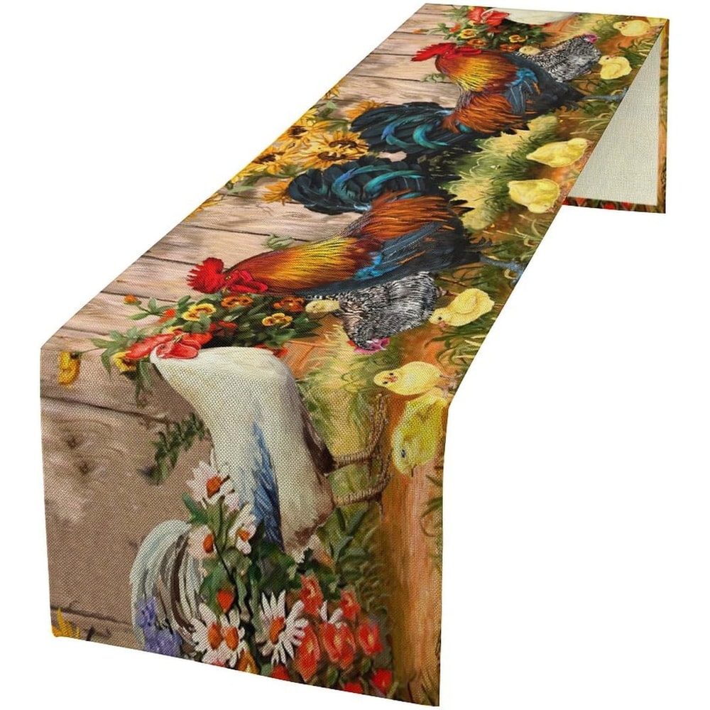 Farm Rooster Linen Table Runner with Sunflower & Chicken Print Holiday Kitchen Decor