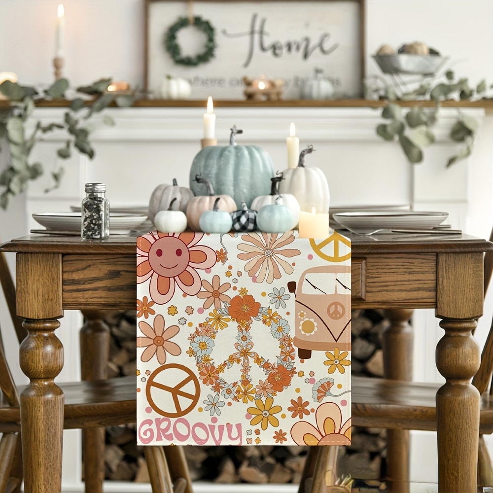 Hippie Daisy Linen Table Runner Peace & Love Home Decor