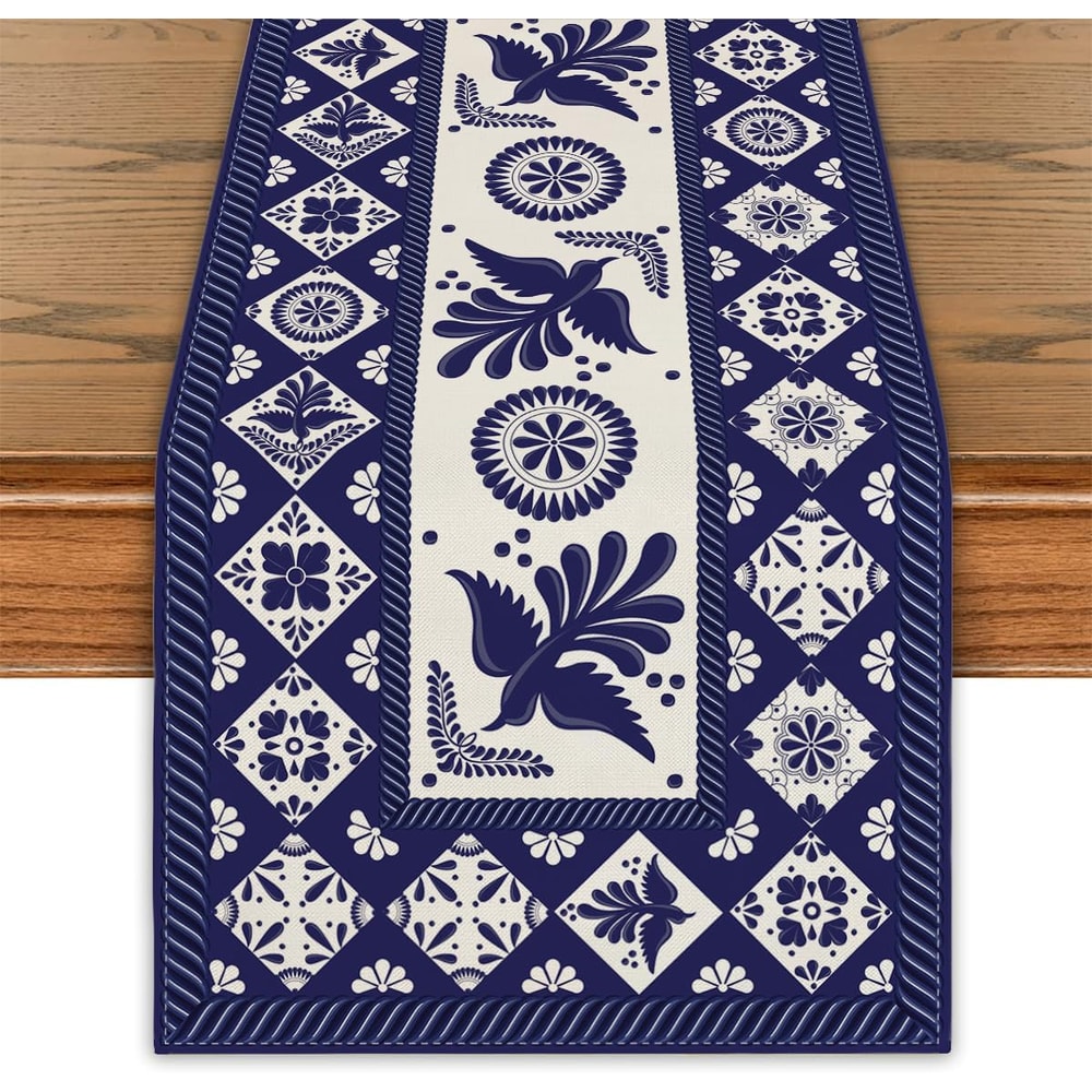 Talavera Floral Bird Linen Table Runner Mexican Fiesta Decor 0