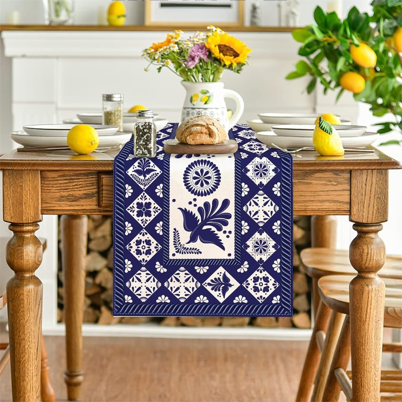 Talavera Floral Bird Linen Table Runner Mexican Fiesta Decor 1