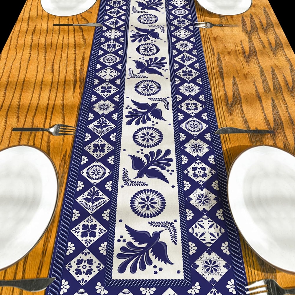 Talavera Floral Bird Linen Table Runner Mexican Fiesta Decor 2