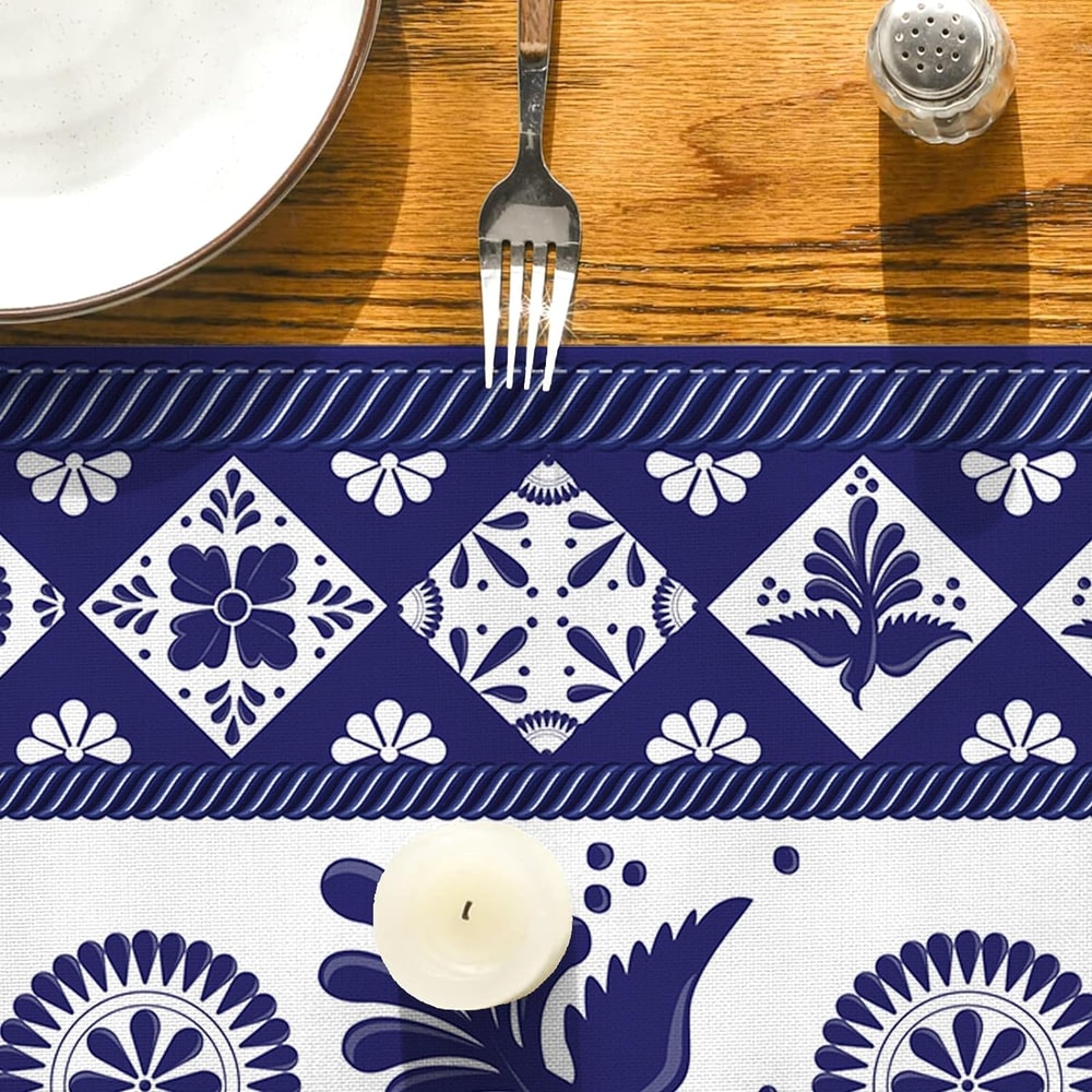 Talavera Floral Bird Linen Table Runner Mexican Fiesta Decor 3