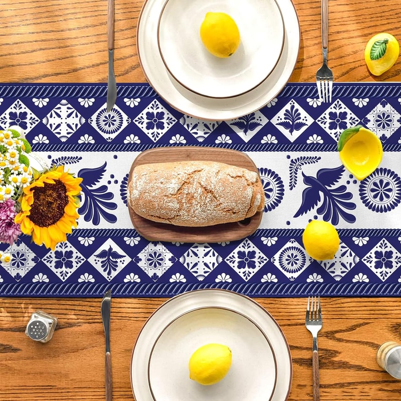 Talavera Floral Bird Linen Table Runner Mexican Fiesta Decor 4