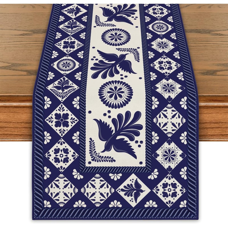 Talavera Floral Bird Linen Table Runner Mexican Fiesta Decor 5