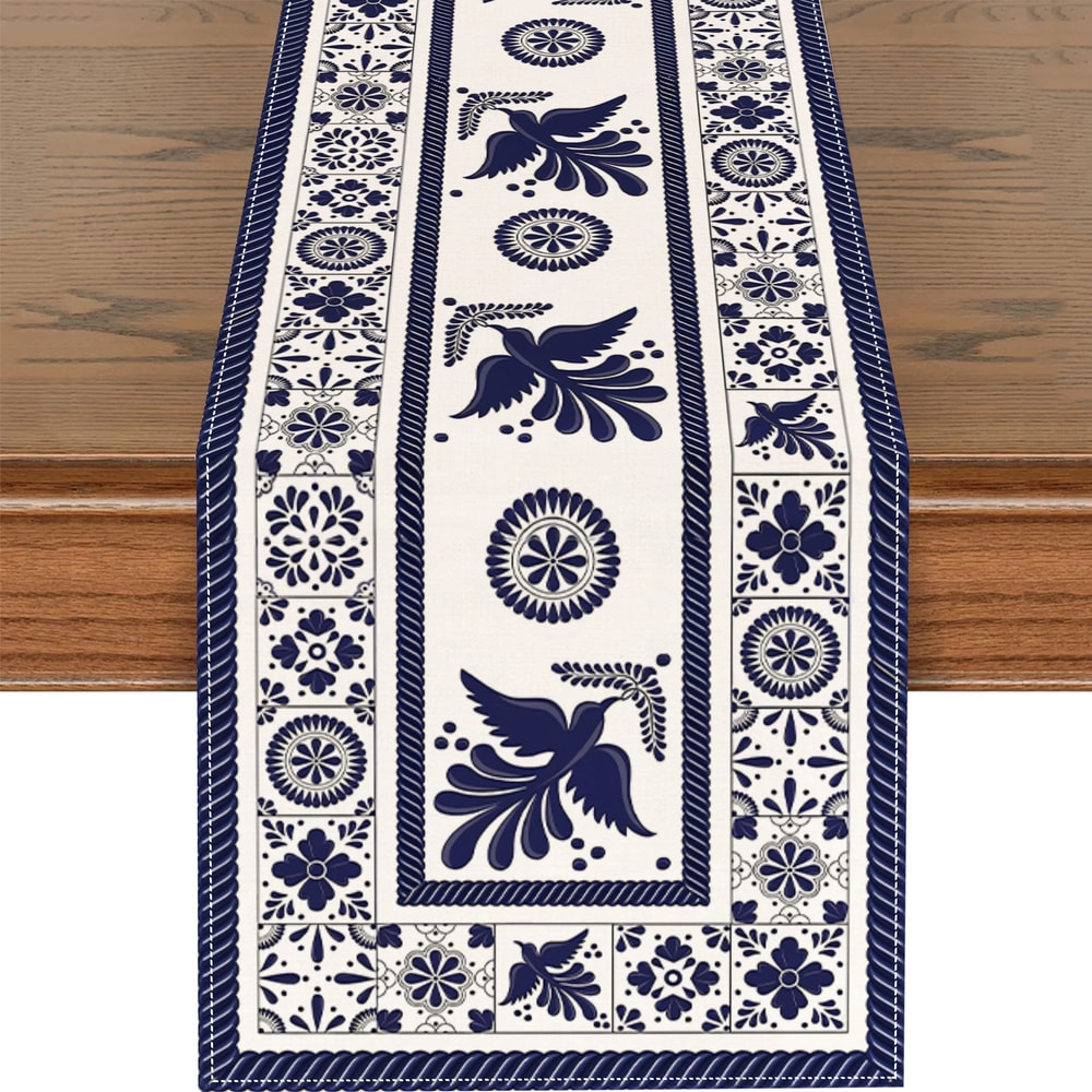 Talavera Floral Bird Linen Table Runner Mexican Fiesta Decor 6