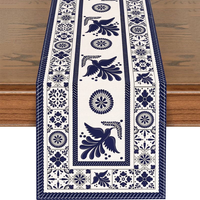 Talavera Floral Bird Linen Table Runner Mexican Fiesta Decor 6
