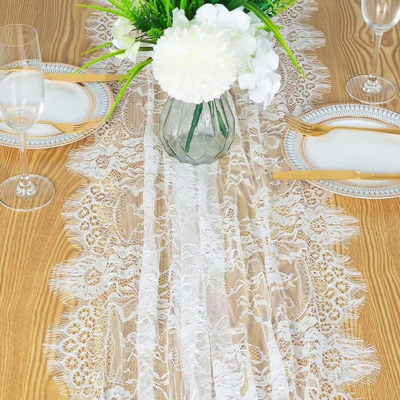 Rustic Lace Table Runner with Rose Embroidery for Wedding & Party Decor