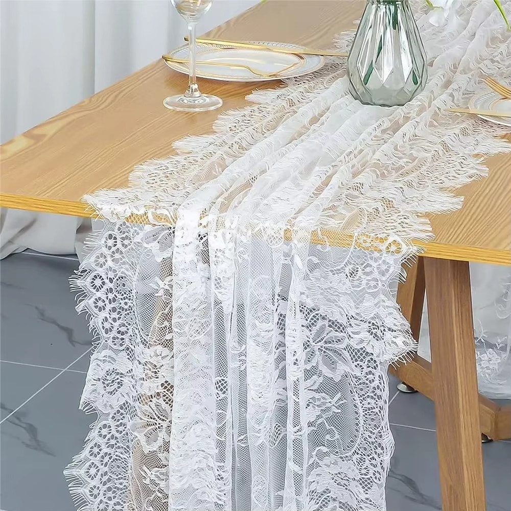 Rustic Lace Table Runner with Rose Embroidery for Wedding & Party Decor