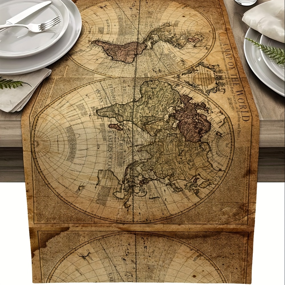 Retro Nautical World Map Linen Table Runner For Home Parties 0