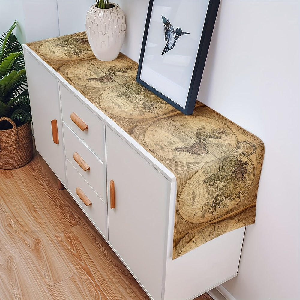 Retro Nautical World Map Linen Table Runner For Home Parties 2