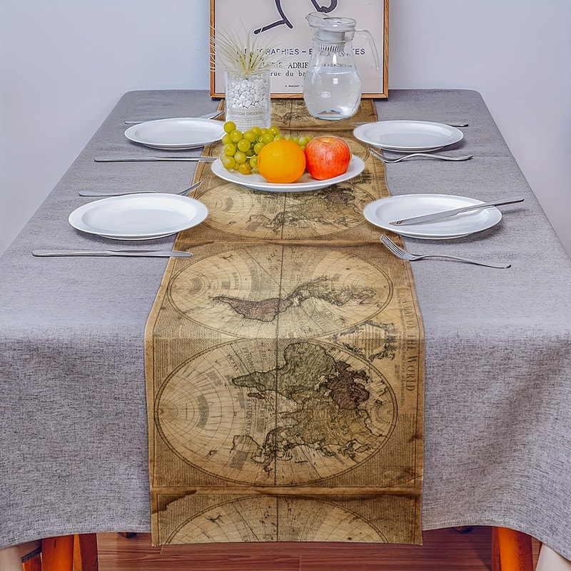 Retro Nautical World Map Linen Table Runner For Home Parties 3