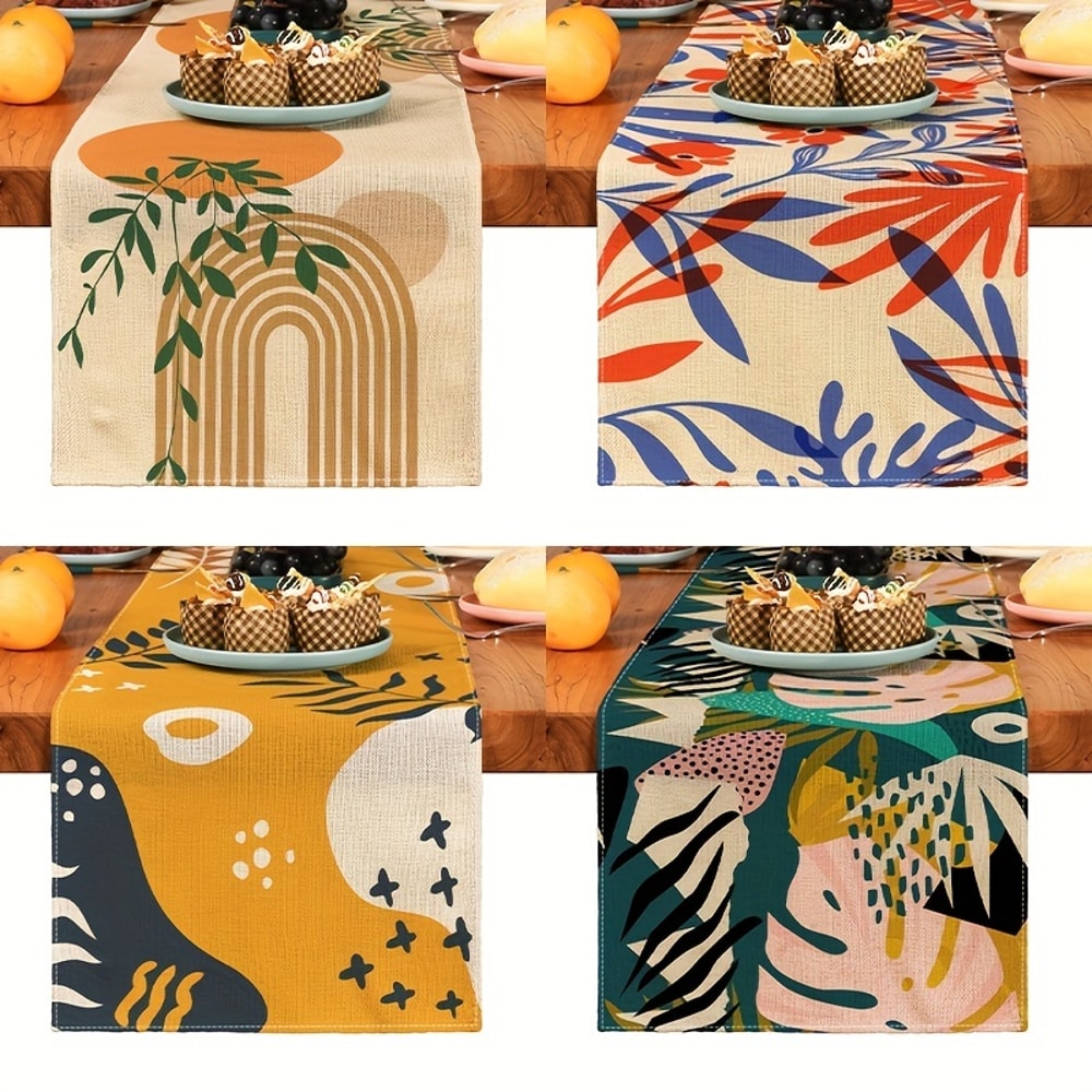 Elegant Bohemian Linen Table Runner Plant Print Kitchen & Dining Decor