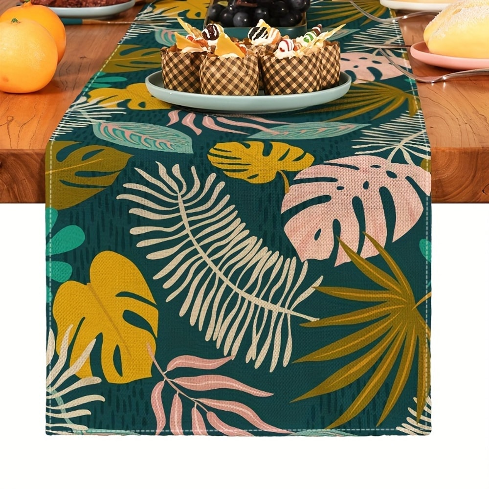 Elegant Bohemian Linen Table Runner Plant Print Kitchen & Dining Decor