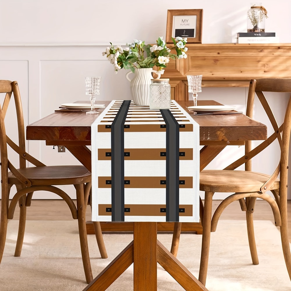 Rustic Western Train Track Table Runner Brown Linen Dining Decor 3
