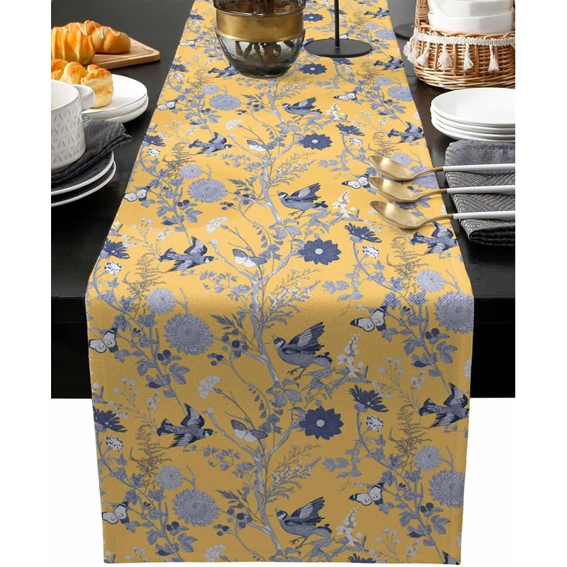 Vintage Linen Table Runner with Birds, Butterflies & Herbs Farmhouse Dining Decor