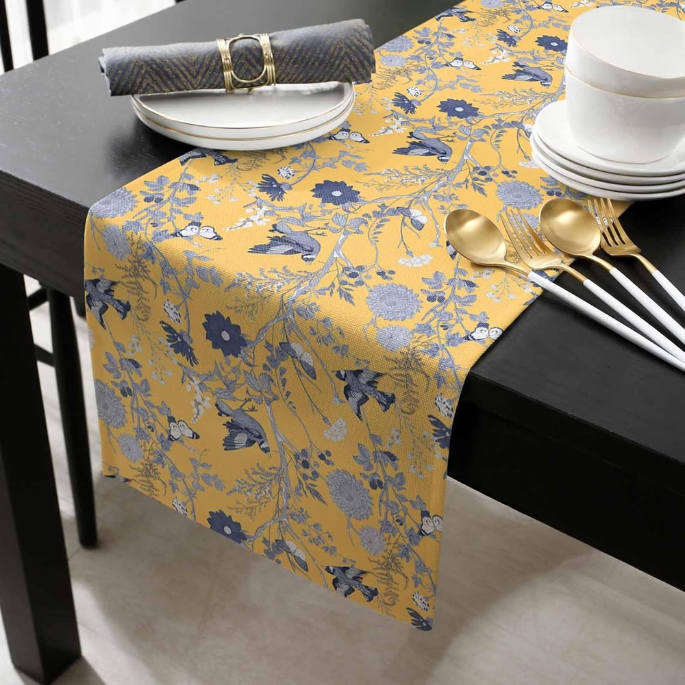 Vintage Linen Table Runner with Birds, Butterflies & Herbs Farmhouse Dining Decor