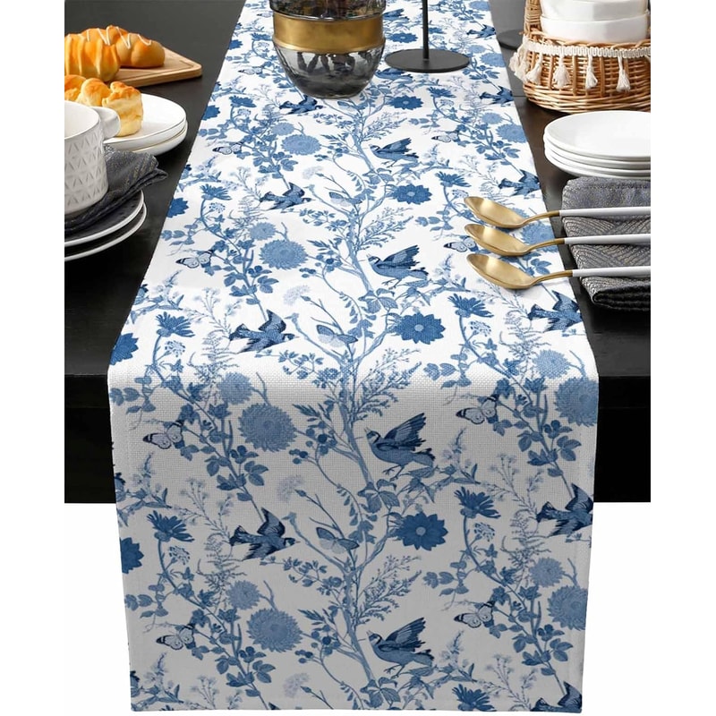 Vintage Linen Table Runner with Birds, Butterflies & Herbs Farmhouse Dining Decor