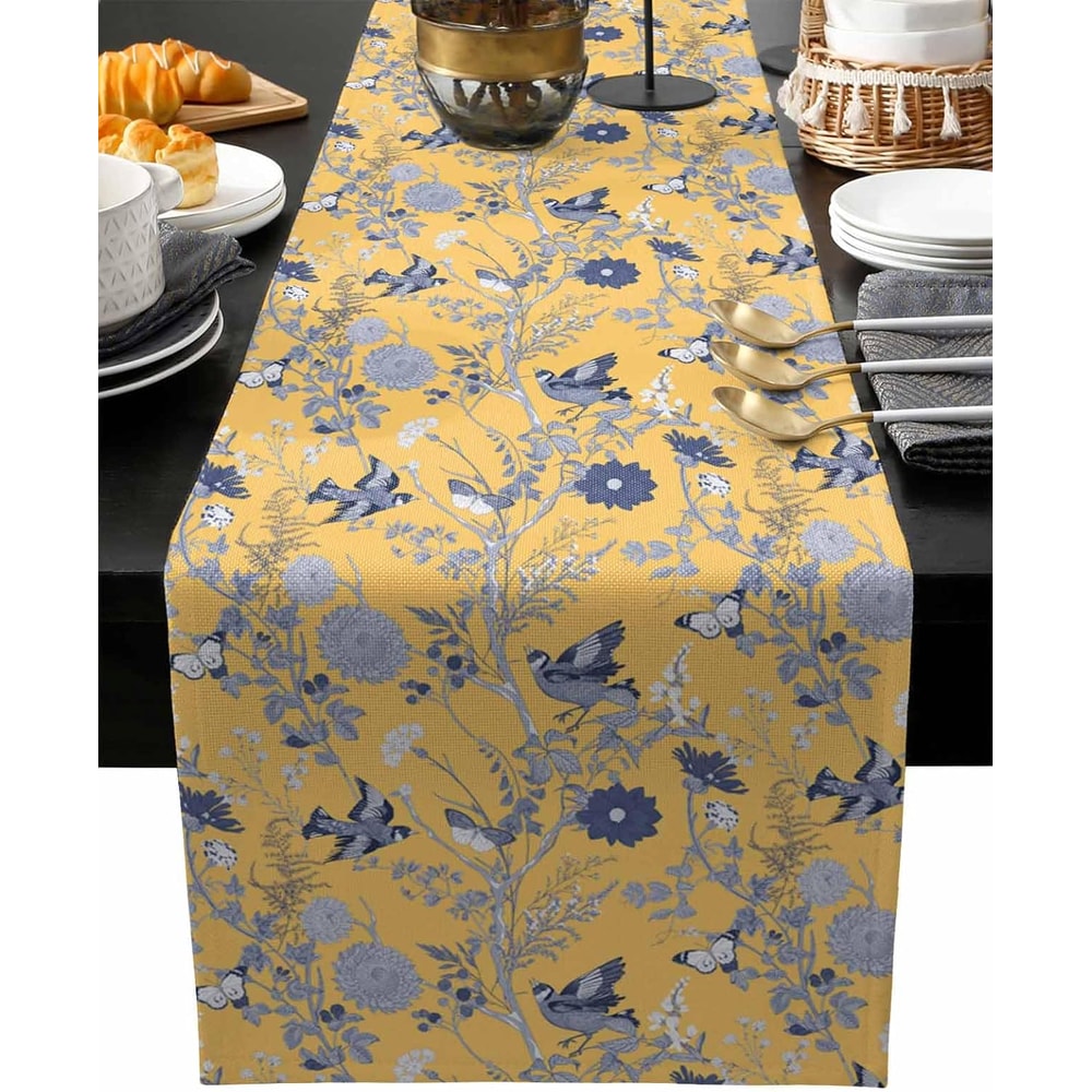 Vintage Linen Table Runner with Birds, Butterflies & Herbs Farmhouse Dining Decor