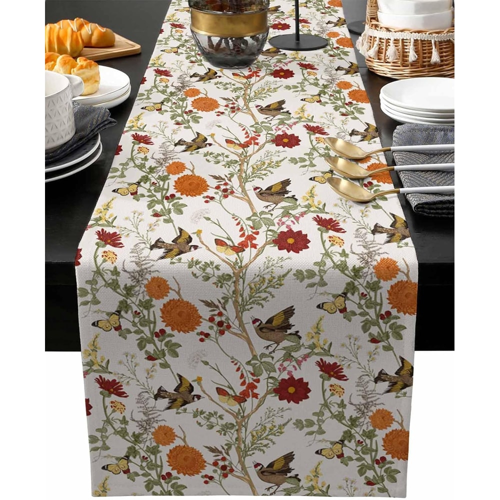 Vintage Linen Table Runner with Birds, Butterflies & Herbs Farmhouse Dining Decor