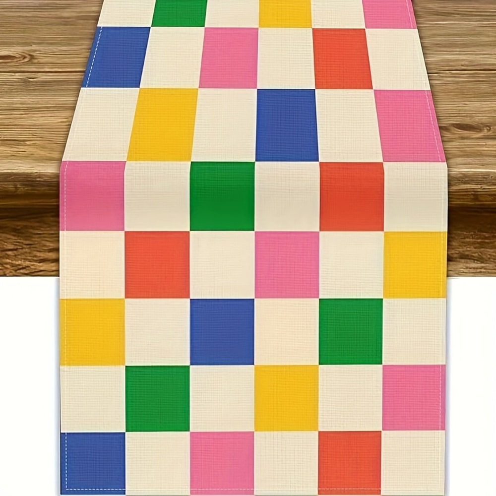 Vintage Checkerboard Linen Table Runner Farmhouse Picnic Decor 0
