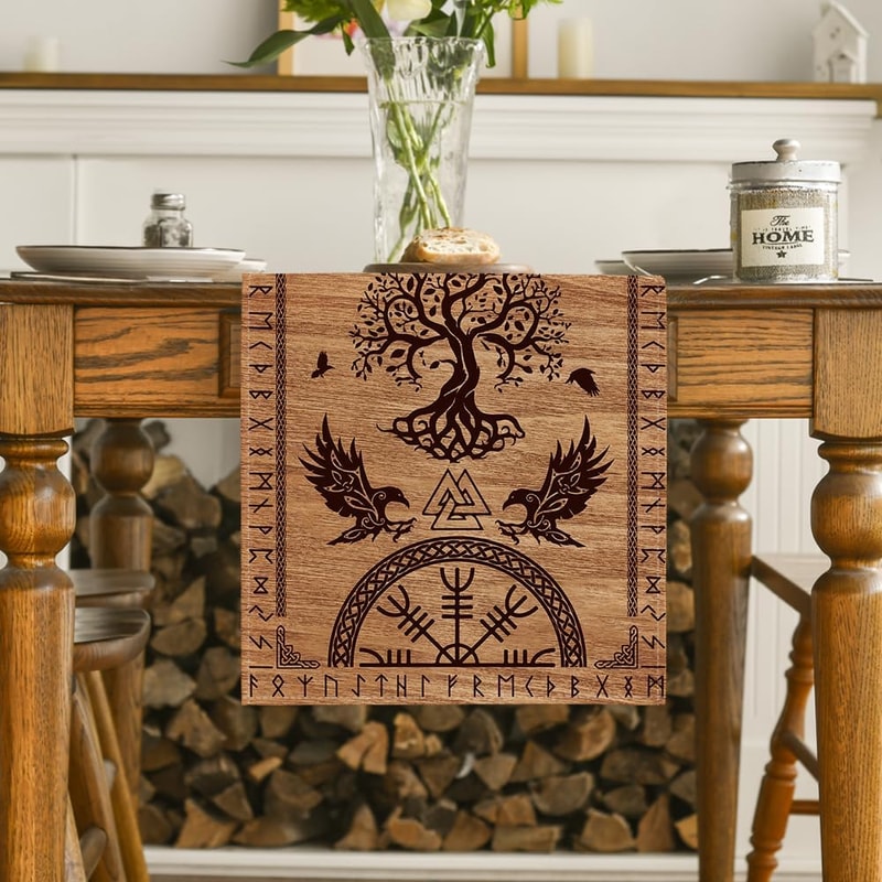Vintage Viking Raven Linen Table Runner Nordic Kitchen Decor
