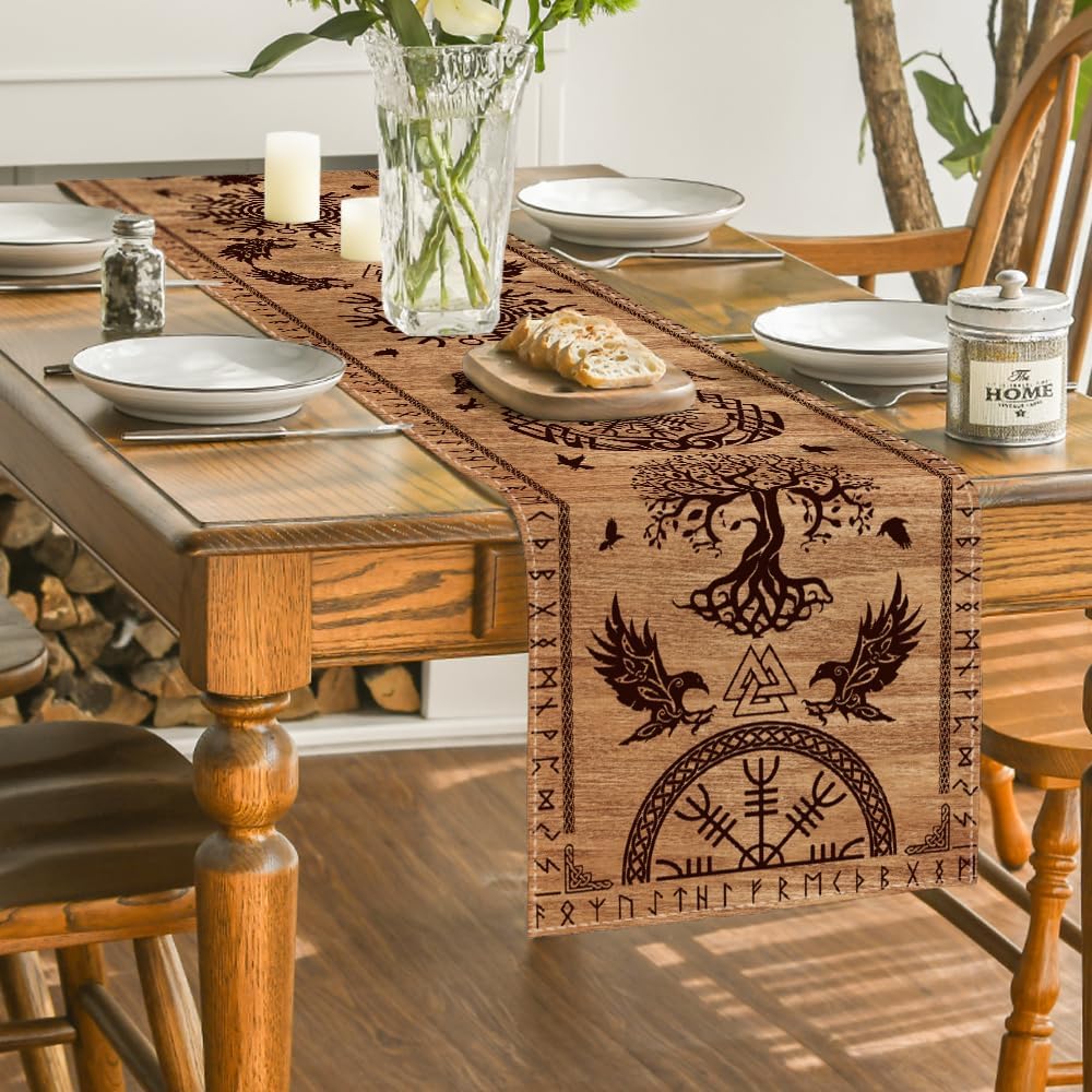 Vintage Viking Raven Linen Table Runner Nordic Kitchen Decor