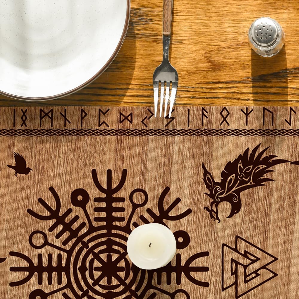 Vintage Viking Raven Linen Table Runner Nordic Kitchen Decor
