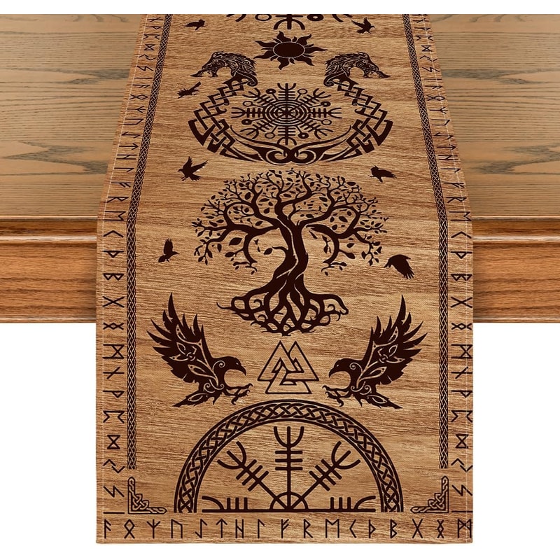 Vintage Viking Raven Linen Table Runner Nordic Kitchen Decor