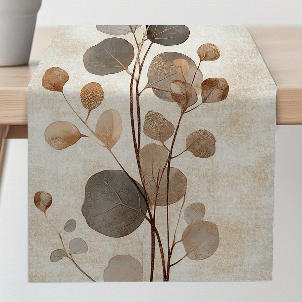Bohemian Eucalyptus Leaf Linen Table Runner For Dining Kitchen Decor 0