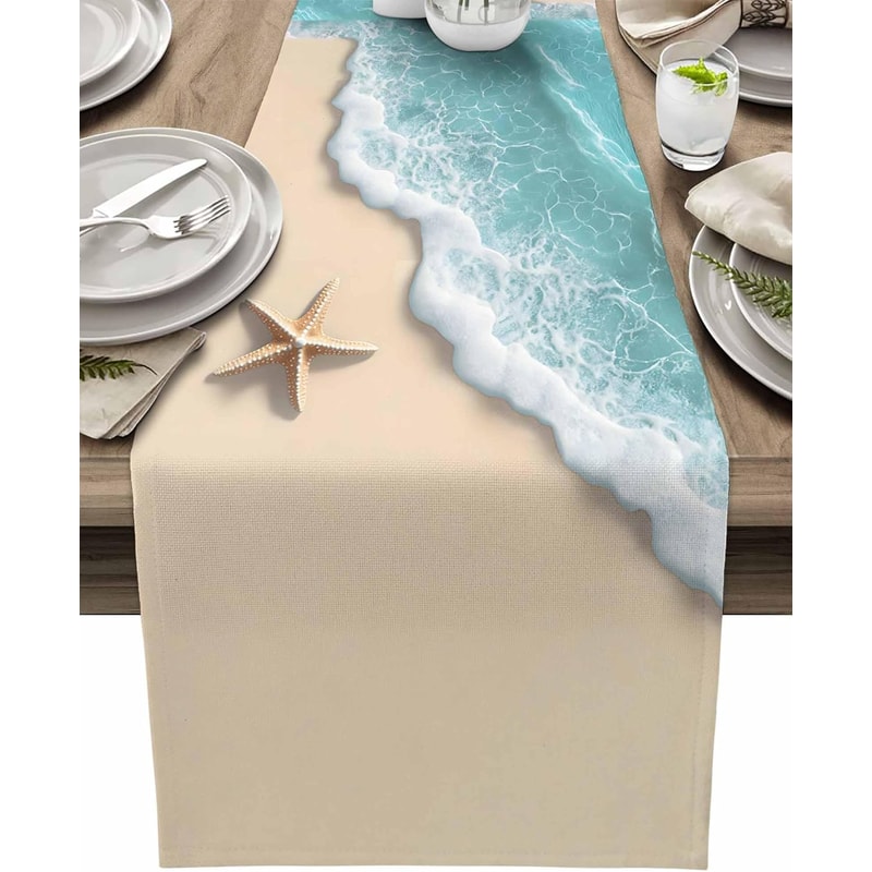 Summer Ocean Beach Starfish Linen Table Runner Holiday Party & Dining Decor