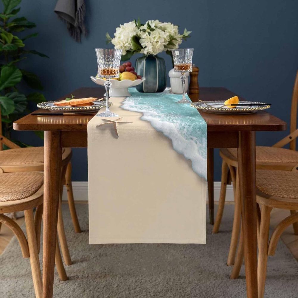 Summer Ocean Beach Starfish Linen Table Runner Holiday Party & Dining Decor
