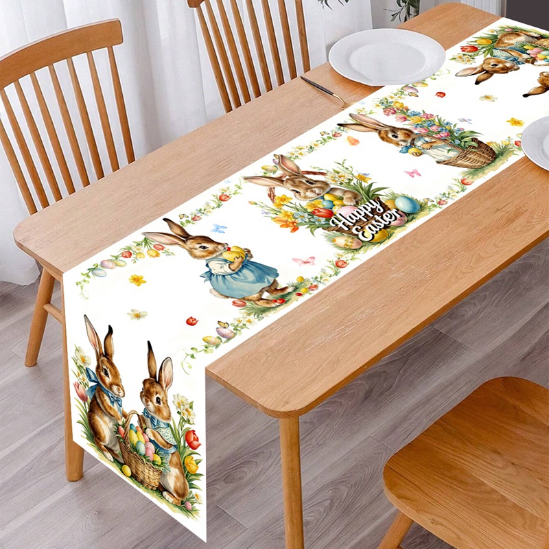 Springtime Vintage Easter Bunny & Floral Table Runner for Dining Table Decor