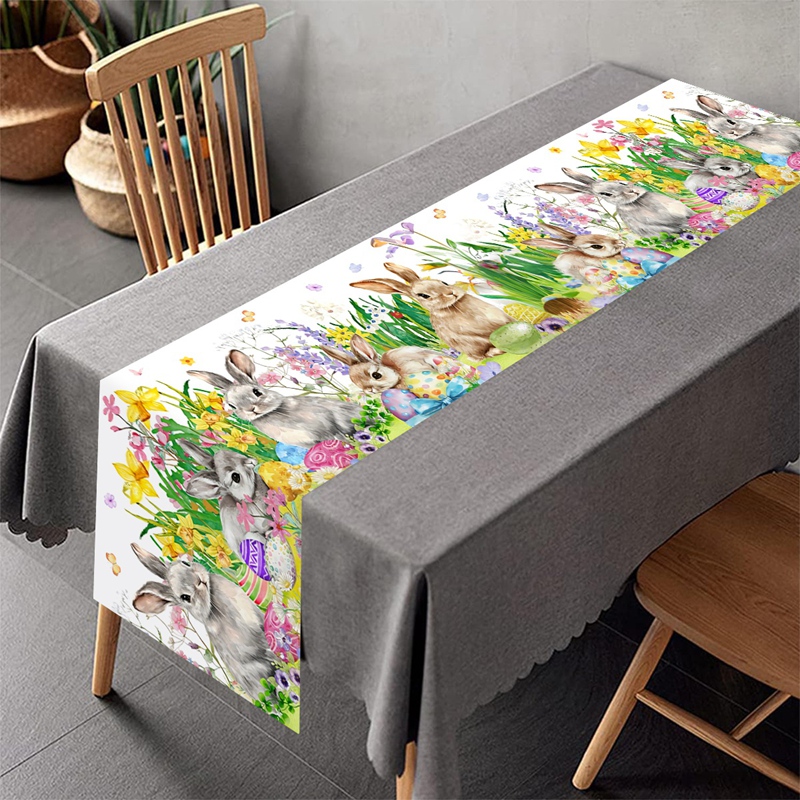 Springtime Vintage Easter Bunny & Floral Table Runner for Dining Table Decor