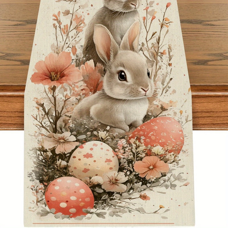 Spring Bunny Egg Floral Table Runner Easter Table Decor Linen For Dining 0