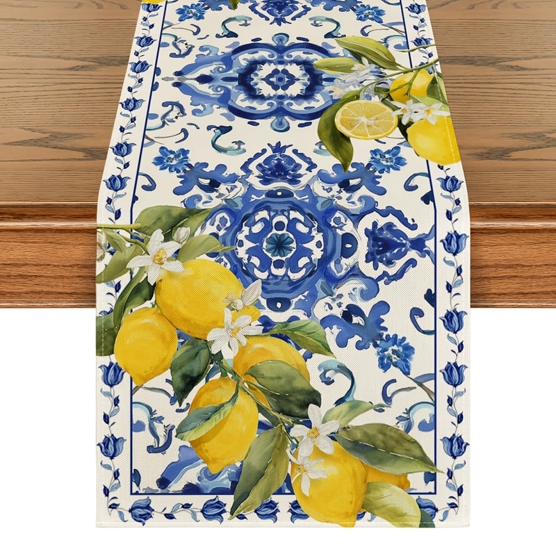 Mediterranean Lemon Blue Tile Linen Table Runner Summer Dining Decor 0