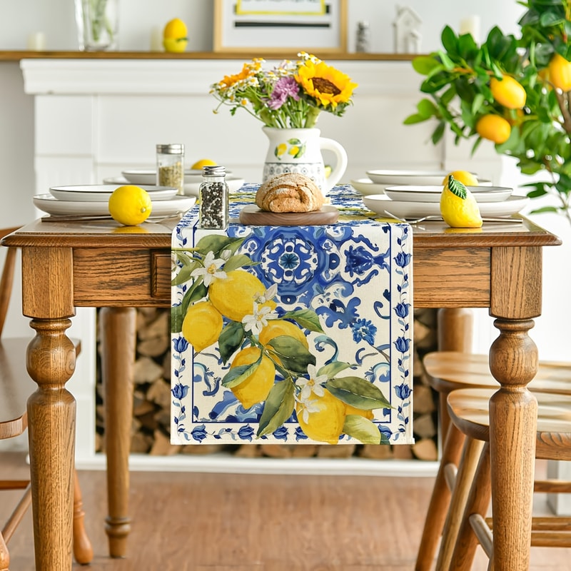 Mediterranean Lemon Blue Tile Linen Table Runner Summer Dining Decor 1
