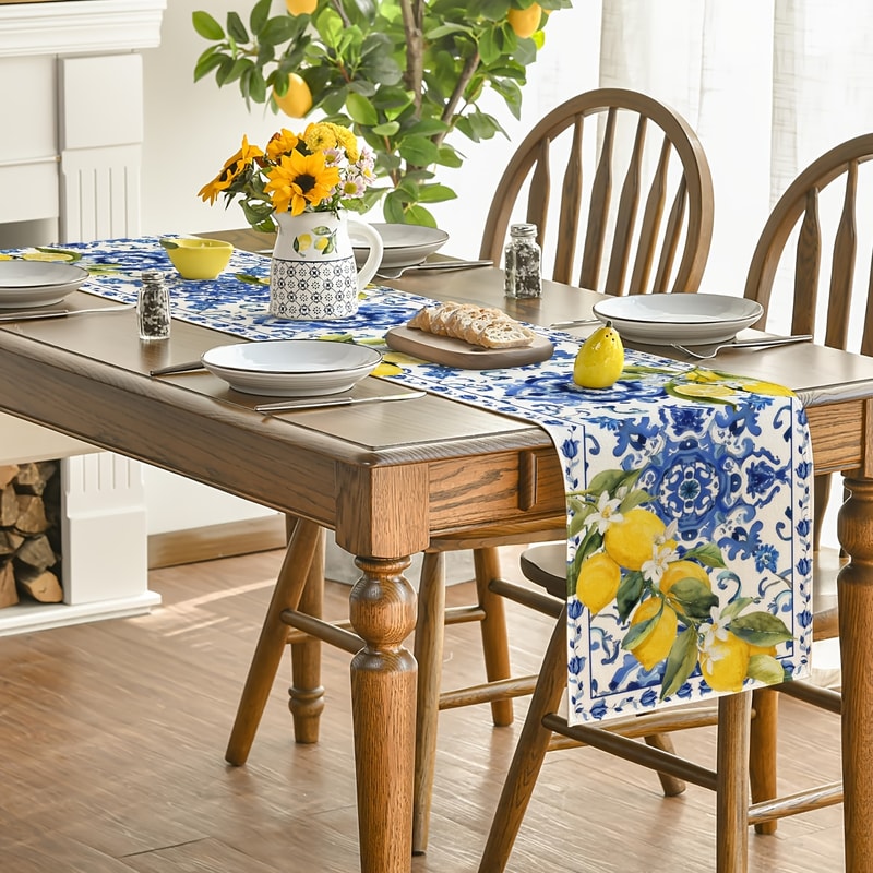 Mediterranean Lemon Blue Tile Linen Table Runner Summer Dining Decor 3