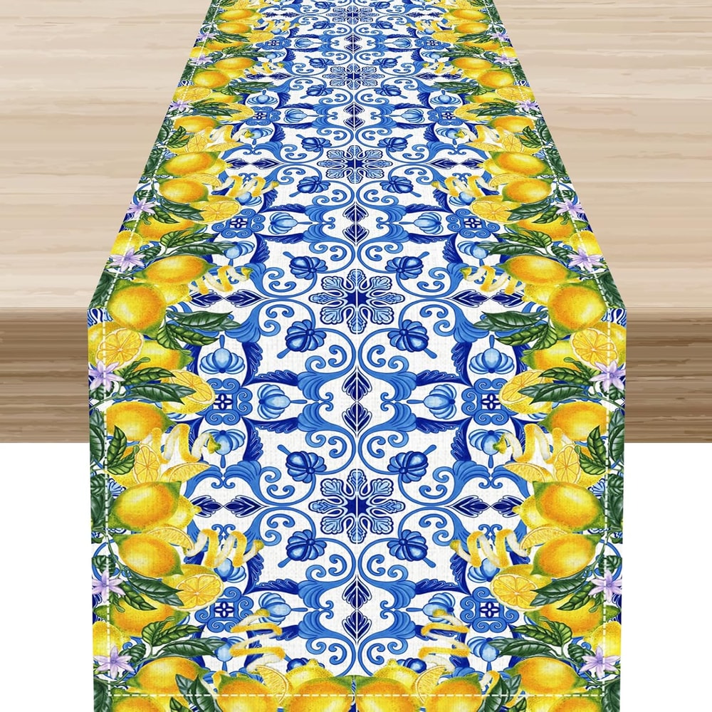 Blue Lemon Tiles Linen Table Runner Summer Fruit & Floral Dining Decor