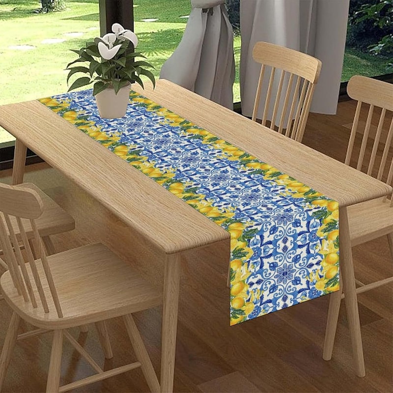 Blue Lemon Tiles Linen Table Runner Summer Fruit & Floral Dining Decor