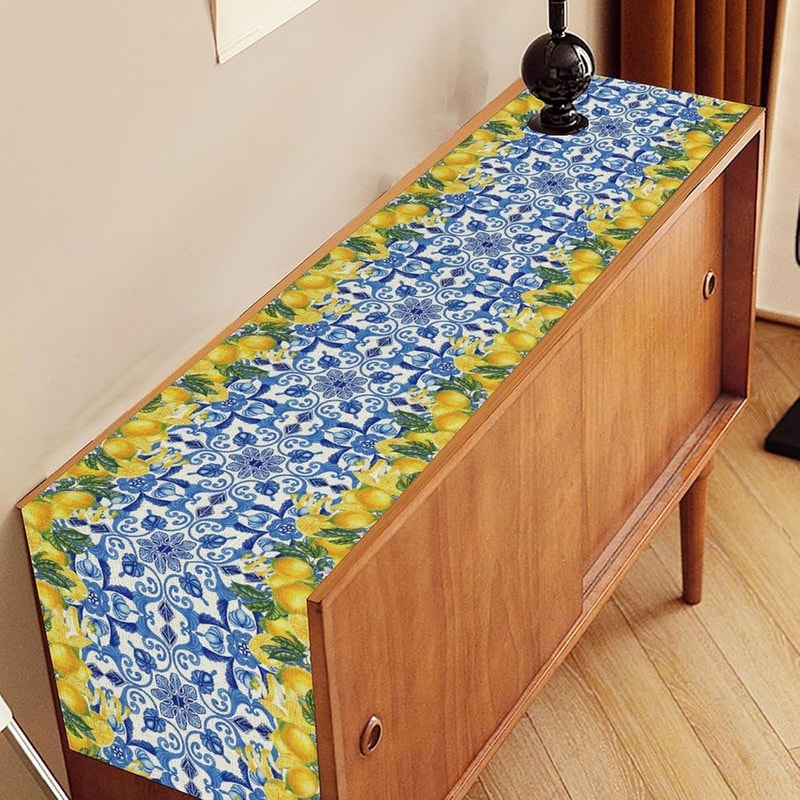 Blue Lemon Tiles Linen Table Runner Summer Fruit & Floral Dining Decor