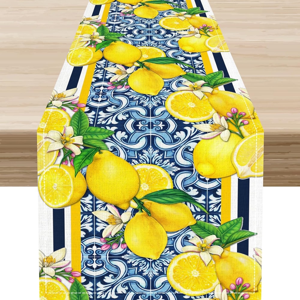 Blue Lemon Tiles Linen Table Runner Summer Fruit & Floral Dining Decor