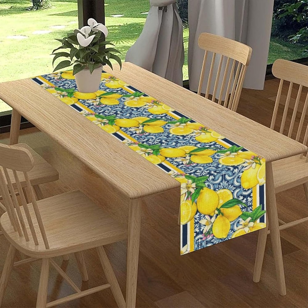 Blue Lemon Tiles Linen Table Runner Summer Fruit & Floral Dining Decor