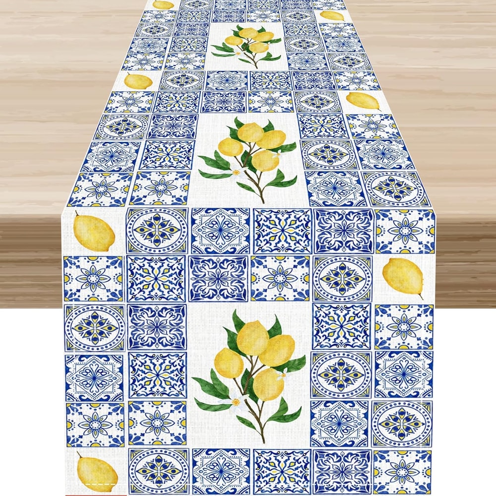 Blue Lemon Tiles Linen Table Runner Summer Fruit & Floral Dining Decor
