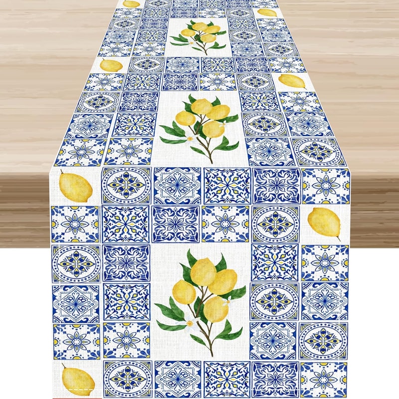 Blue Lemon Tiles Linen Table Runner Summer Fruit & Floral Dining Decor