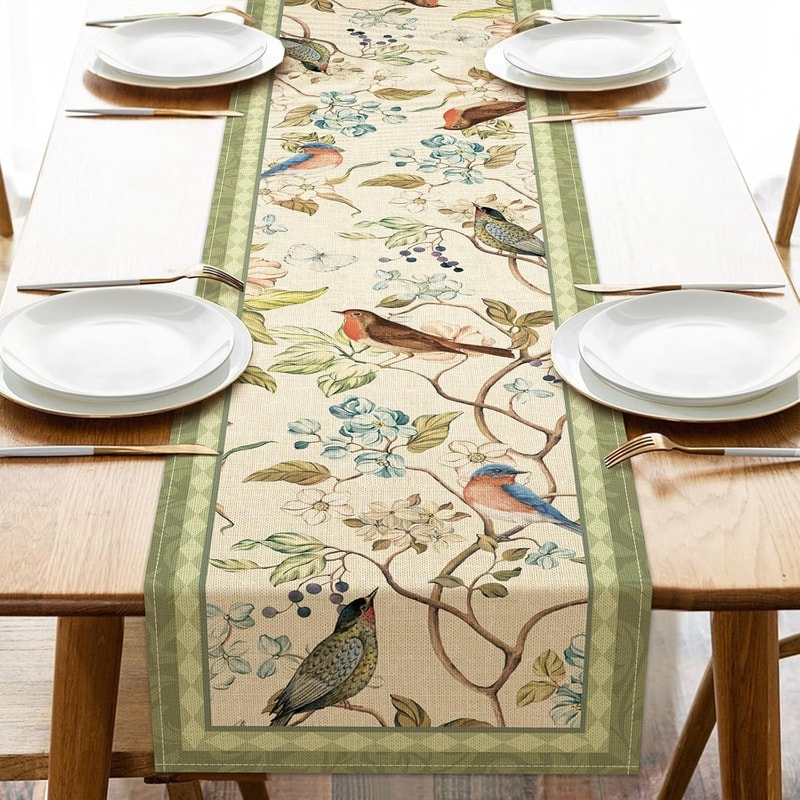 Elegant Vintage Linen Table Runner With Floral Bird Design Farmhouse Table Decor 0
