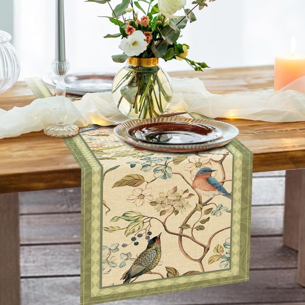 Elegant Vintage Linen Table Runner With Floral Bird Design Farmhouse Table Decor 3