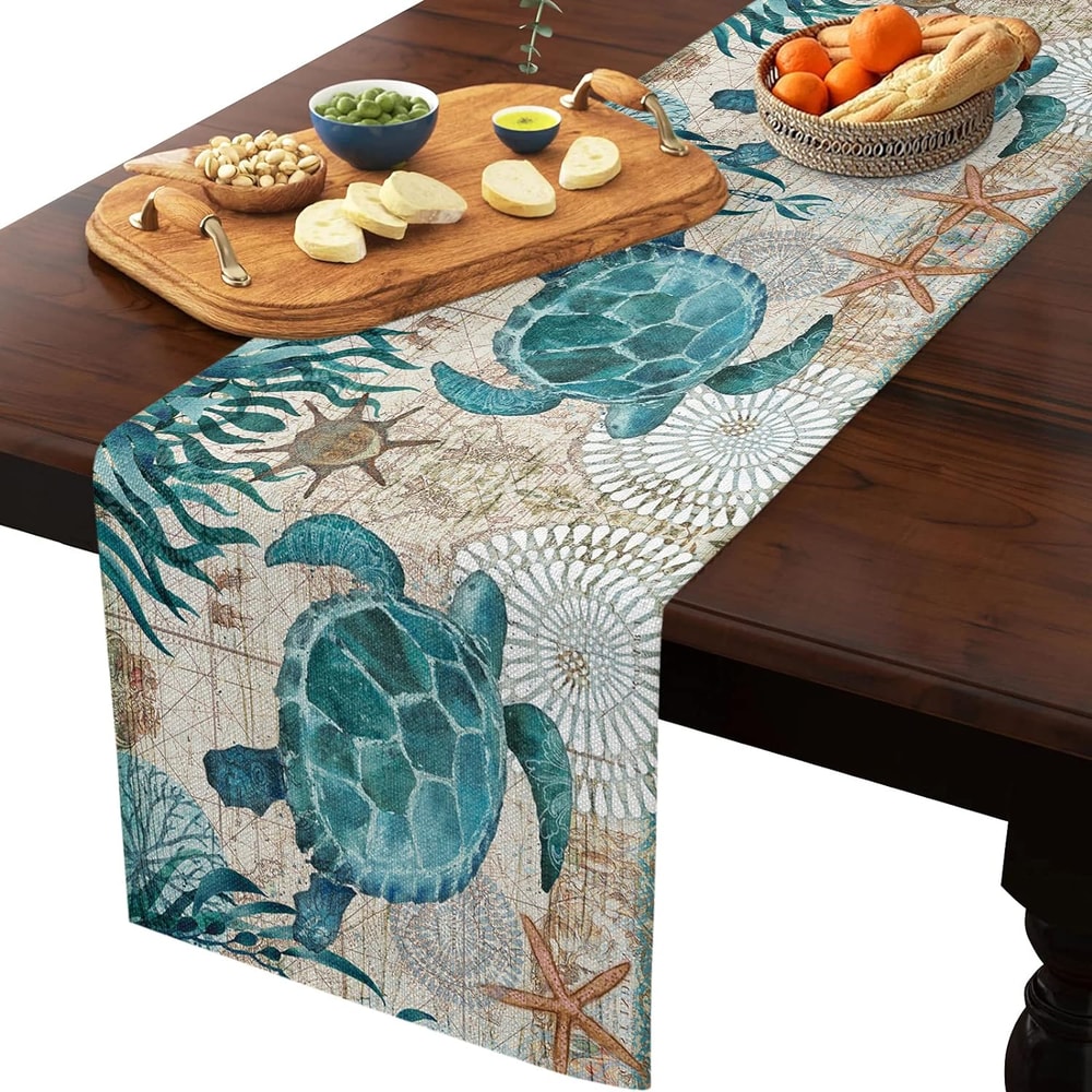 Nautical Sea Turtle Starfish Linen Table Runner For Coastal Decor 1