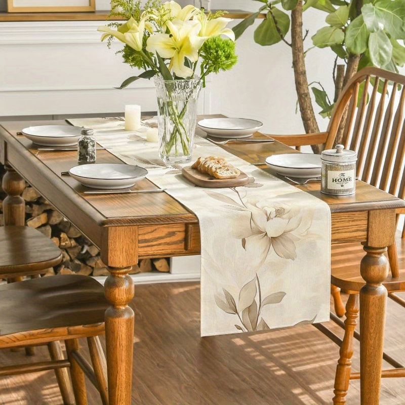 Elegant Beige Brown Floral Table Runner For Luxury Dining Decor 2